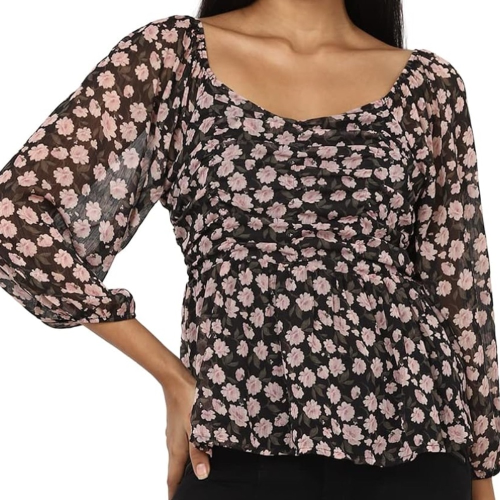 🌸 American Eagle AE Ruched Babydoll Top – Black Pink Floral – Medium